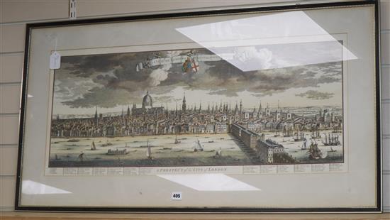 A reproduction engraved print, A Prospect of the City of London, 40 x 94cm